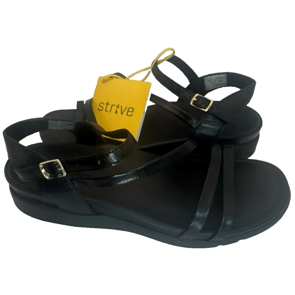 Strive Womens Orthopedic Black Sandals Strappy Leather Arch Support Anguila 10 M